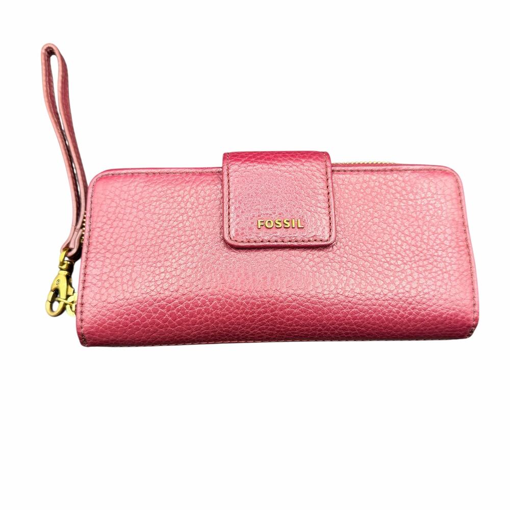 Fossil Leather Zip Around Wristlet Wallet Burgundy RFID